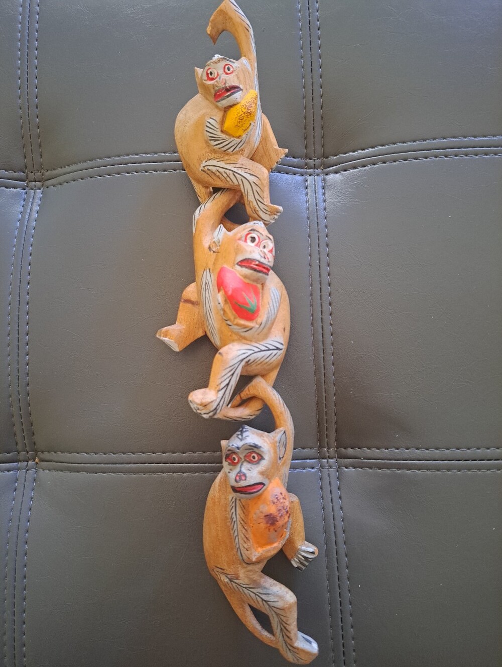 Hand Carved Wooden Monkey Chain Wood Hanging Monkeys 3 Pieces